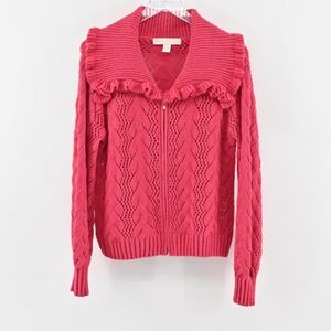RICH‎ FAMOUS Jacket Womens Size L Hot Pink Knit Sweater Full Zip Ruffle Collar